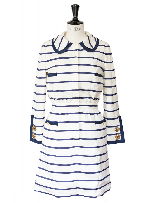 Robe marini&egrave;re manches longues en soie ray&eacute;e bleu marine et blanche Prix boutique 2000&euro; Taille 40
