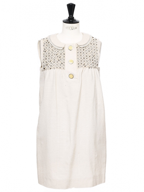 Beige silk and cotton cocktail babydoll dress with Swarovski crystals Retail price &euro;2000 Size 36