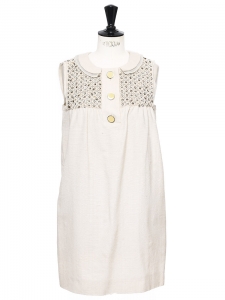 Beige silk and cotton cocktail babydoll dress with Swarovski crystals Retail price &euro;2000 Size 36