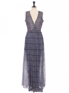 Blue silk chiffon sleeveless maxi dress with cinched waist Retail price &euro;1000 Size 36
