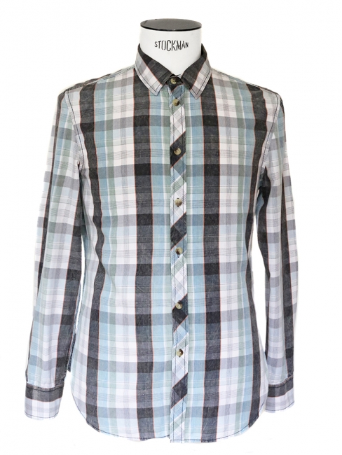 Blue, green, grey and white checked print cotton shirt NEW Size M