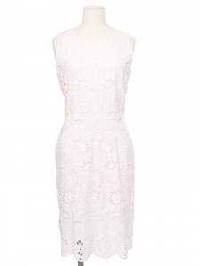 White eyelet lace cotton sleeveless dress with cinched waist Size 38
