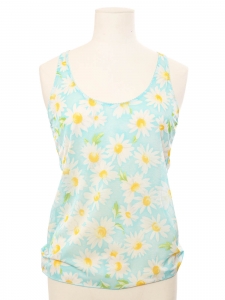 Top d&eacute;bardeur en tulle stretch bleu turquoise fleuri marguerite blanc et jaune Taille XS/S