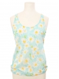 Top débardeur en tulle stretch bleu turquoise fleuri marguerite blanc et jaune Taille XS/S
