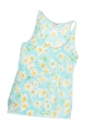 Top débardeur en tulle stretch bleu turquoise fleuri marguerite blanc et jaune Taille XS/S