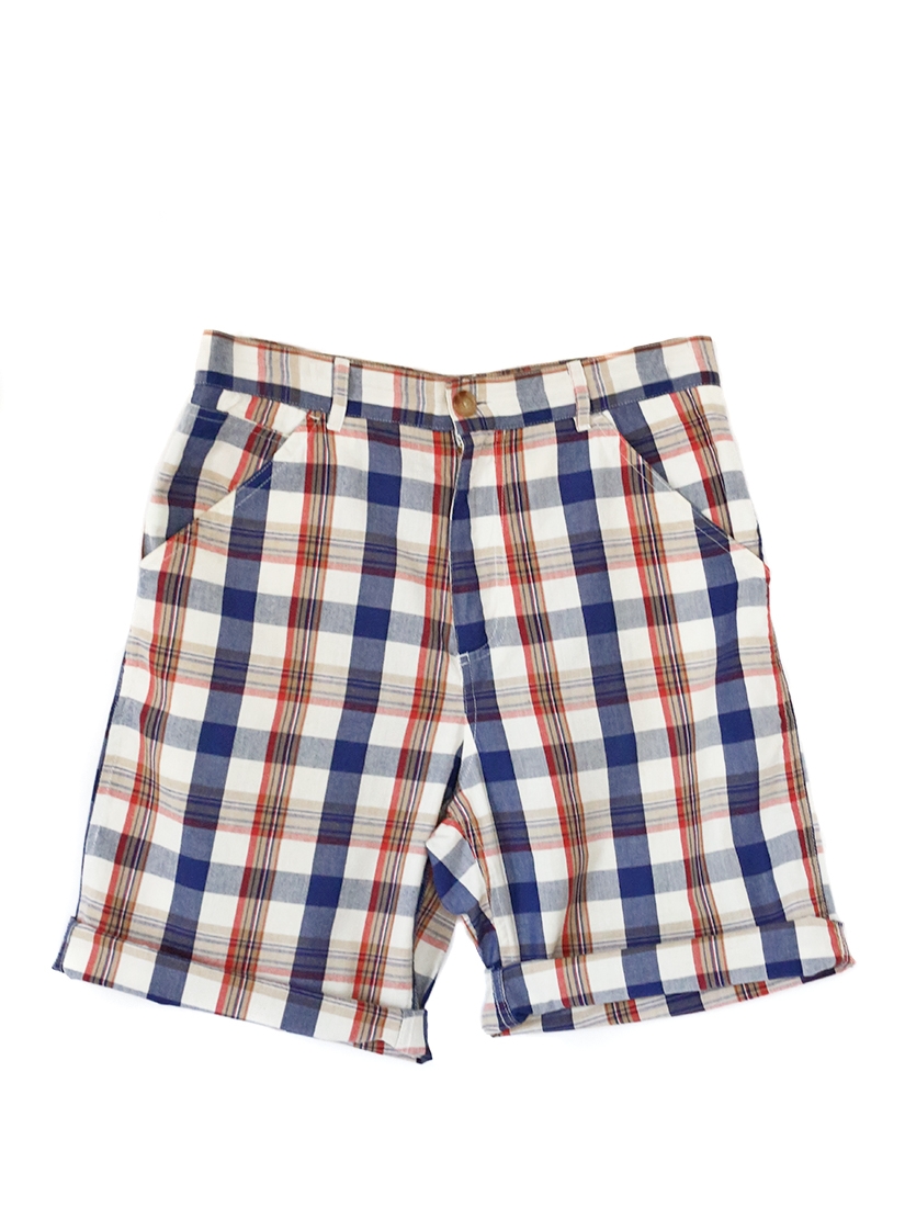 Boutique APC Blue, red and beige check printed Madras cotton shorts ...