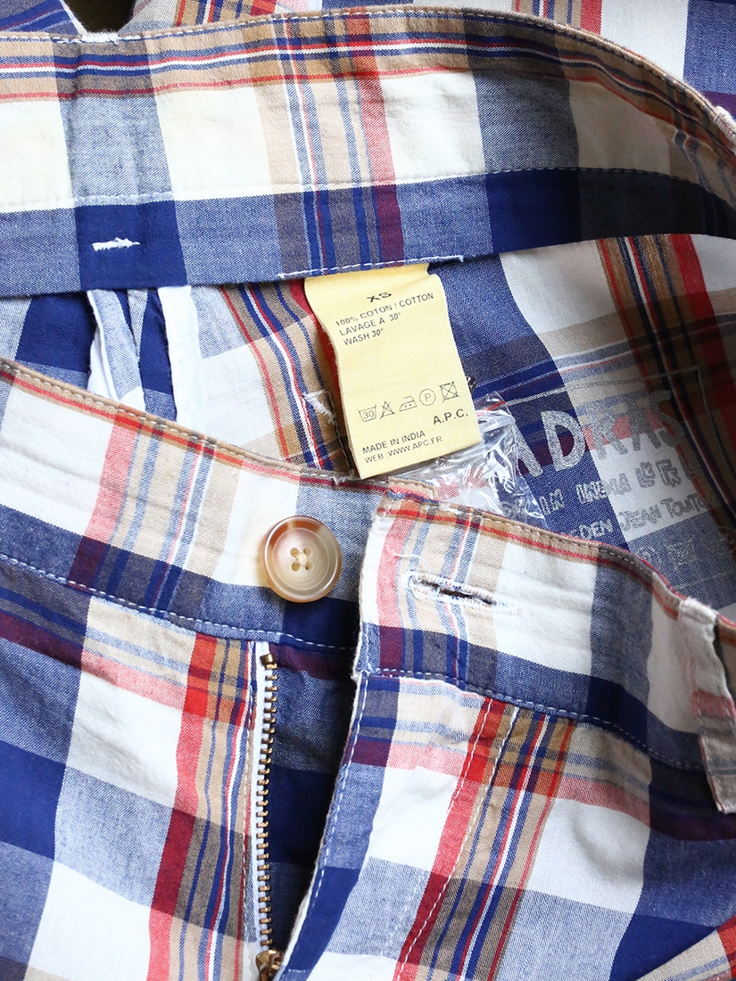 Boutique APC Blue, red and beige check printed Madras cotton shorts ...