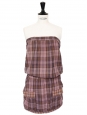 Strapless brown, purple and old pink plaid print cotton dress Size 36