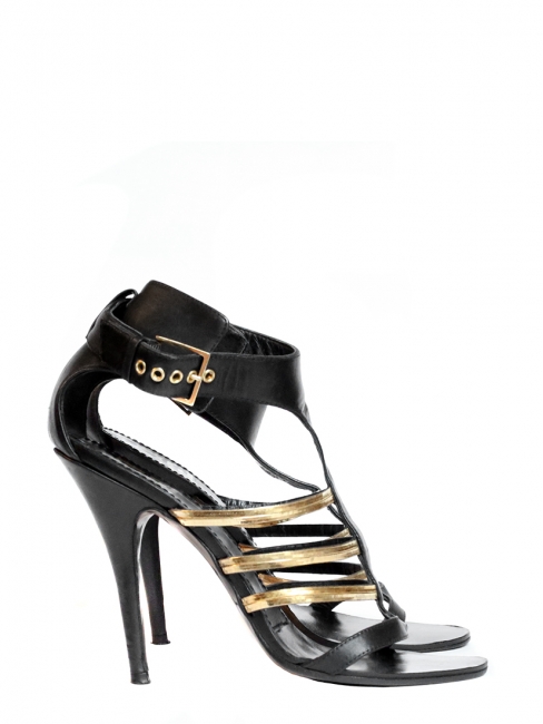 Black leather and gold metallic strap heel gladiator sandals Size 37