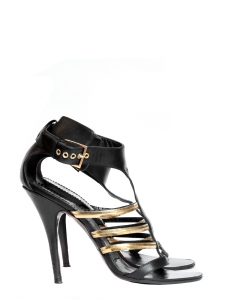 Black leather and gold metallic strap heel sandals Size 37