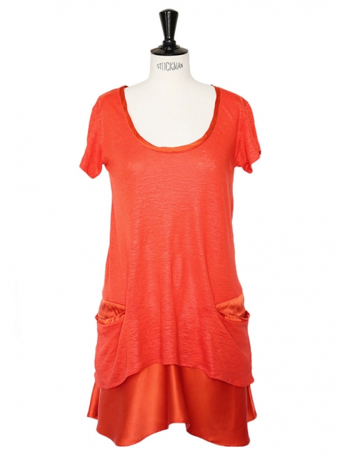 Bright coral red linen and silk short sleeves dress Size 36