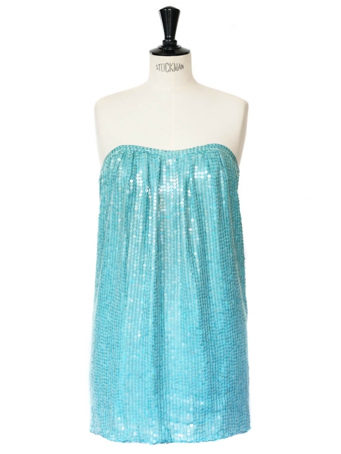 Turquoise blue silk sequin embellished bustier mini dress Retail price €1400 Size XS