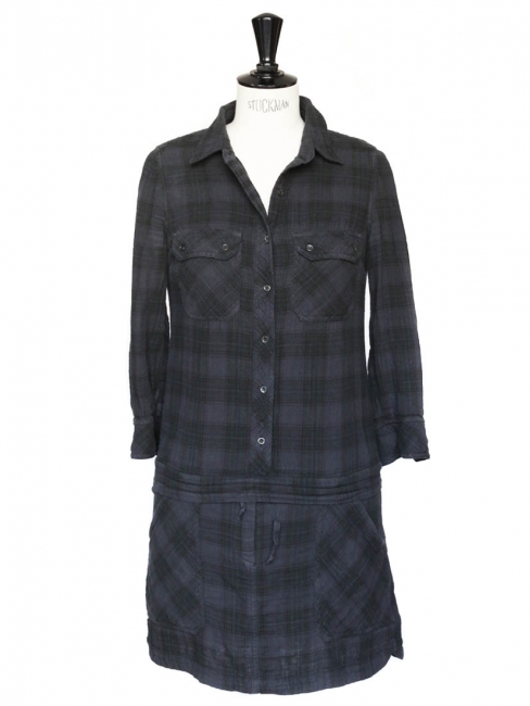 Blue and black check print cotton long sleeves dress Size 36