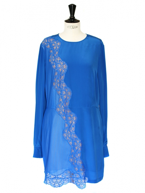 JOAN  Electric blue silk crepe-de-chine and lace dress Retail price $2300 Size L