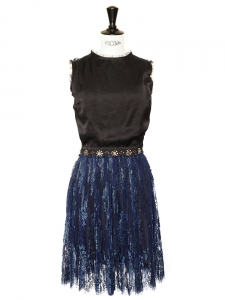 LANVIN Haute couture lace and Swaroski crystals dark blue dress Retail price 6000€ Size 36