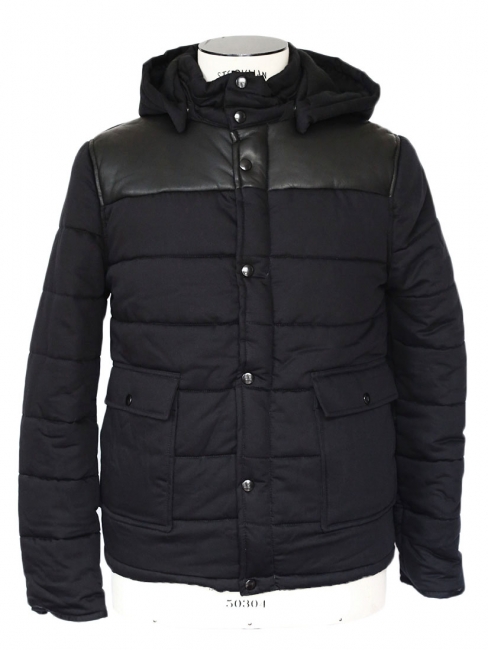 "Old school" Mens' black leather and cotton hooded down jacket Retail price 450€ Size S
