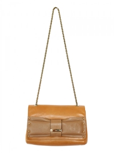 June bow-embellished fawn brown and nutmeg leather shoulder bag / clutch Retail price 550€