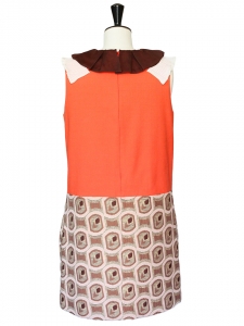 Seventies style print Couture dress with embroidered ascot collar Retail price €2500 Size 40