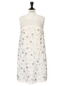 White/ecru pleated silk dress embroidered with Swarovski crystals Retail price over €6000 Size 34