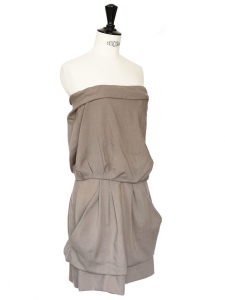 Light khaki green wool, silk and cotton strapless dress Retail price 1000€ Size 36
