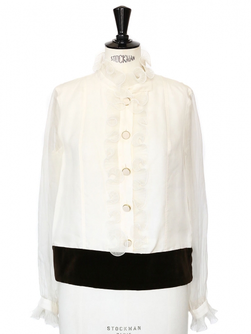 Brown velvet and white ruffled silk blouse Retail price €1250 Size 40 