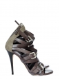 Brown leather and khaki canvas stiletto sandals Retail price €850 Size 38