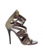 Sandales multi-brides talon stiletto en cuir marron et toile kaki Px boutique 850€ Taille 38