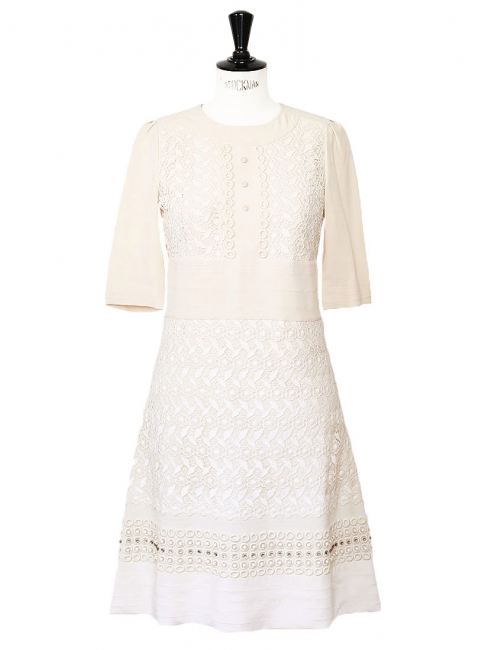 Nude silk crepe and white lace dress embroidered with Swarovski crystals Retail price €3500 Size 36