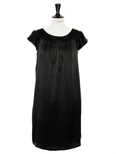 Black silk satin short sleeves cocktail dress Retail price €1000 Size 36