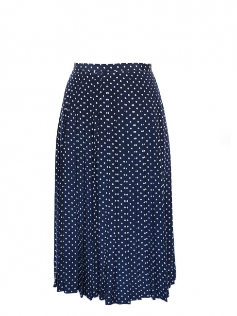 Navy blue and white polka dot print pleated long skirt Size 36
