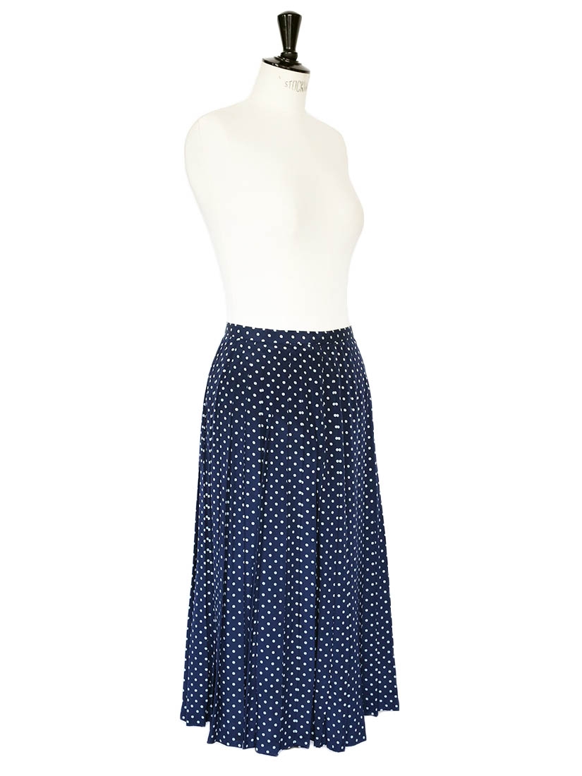 Boutique VINTAGE Navy blue and white polka dot print pleated long skirt ...