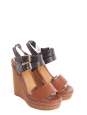 Caramel brown and black leather and canvas wedge sandals Retail price €600 Size 36
