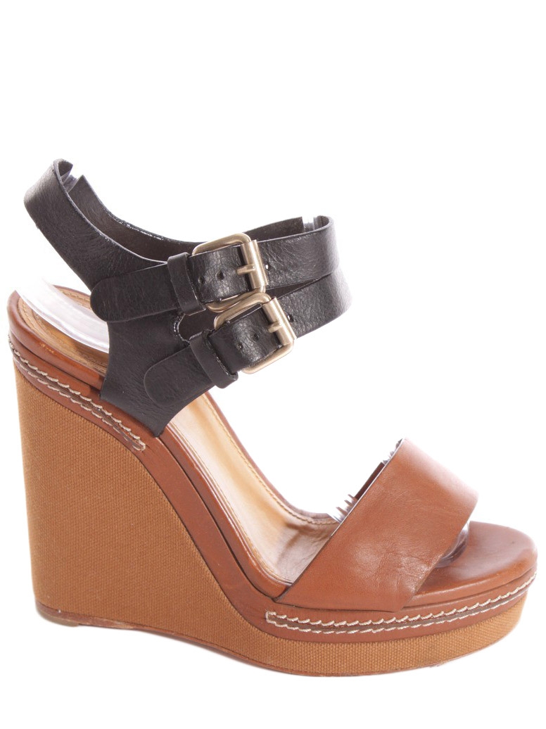 Louise Paris - CHLOE Caramel brown and black leather and canvas wedge ...