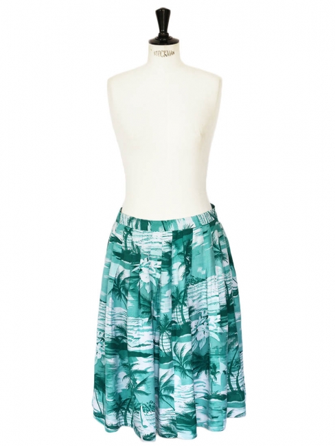 Green and white tropical palm tree print pleated midi skirt Size 38