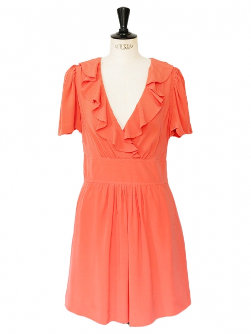 Orange red silk crêpe short sleeves décolleté dress Retail price €1200 Size 36/38