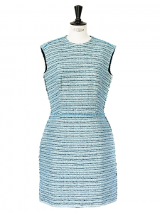 Lagoon blue, black and beige silk and cotton tweed cinched dress Retail price €1200 Size 38/40