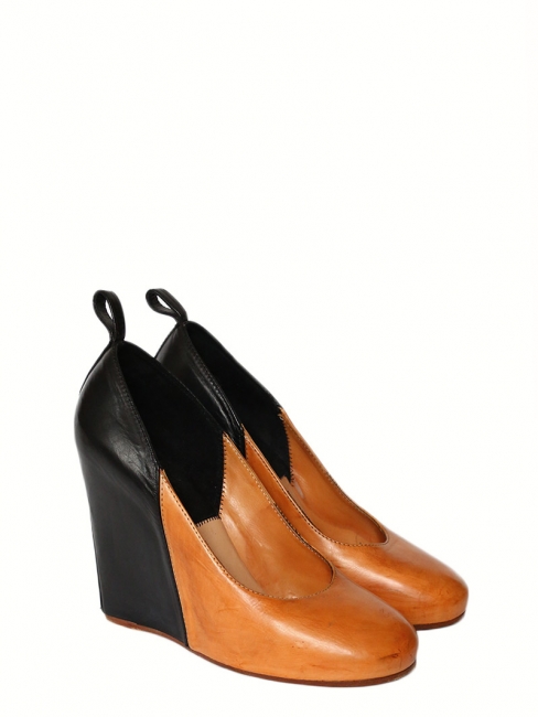 Chaussures compensées bout rond en cuir camel et noir Px boutique 800€ Taille 40