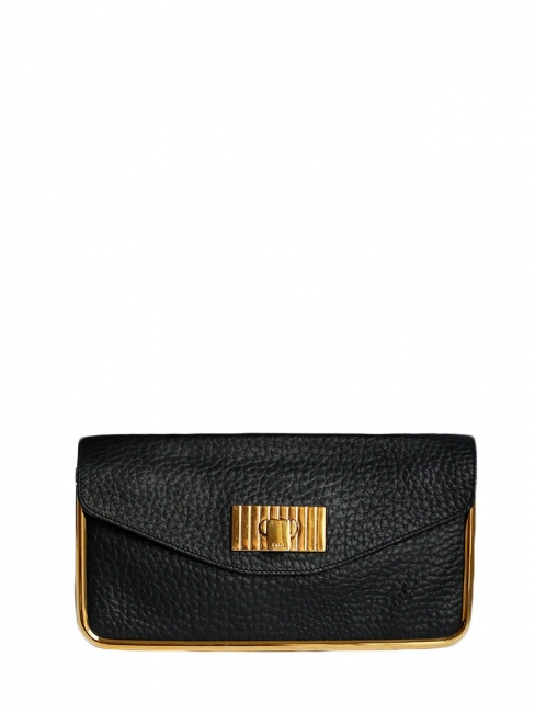 SALLY Deep black grained leather clutch bag with gold brass lock Retail price €850