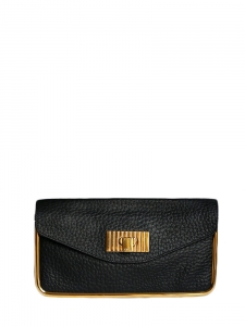 Deep black grained leather clutch bag with gold brass lock Retail price 850€
