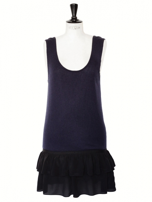 Midnight blue virgin wool and black silk chiffon sleeveless dress Retail price €250 Size 36