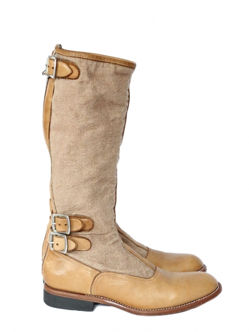 Camel beige leather and cotton twill flat boots Retail price €450 Size 38