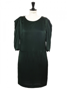 Hunter green silk satin ball sleeves dress Retail price €1900 Size 40 