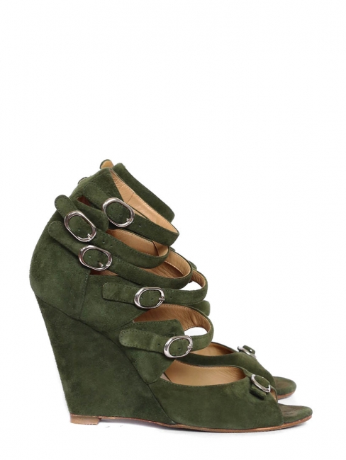 Khaki green multi-strap wedge sandals Retail price $760 Size 40