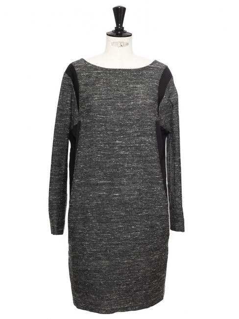 Heather grey and black silk and wool long sleeves dress Retail price €1600 Size 36/38