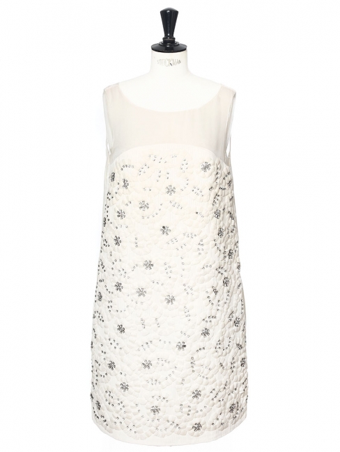White/ecru pleated silk dress embroidered with Swarovski crystals Retail price €6000 Size 36