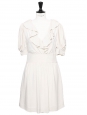 Ivory white silk crepe short sleeves ruffled décolleté dress Retail price €1200 Size 36