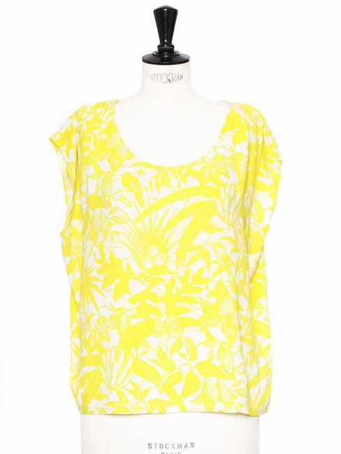 Bright yellow and white printed crepe open back sleeveless top Retail price €65 Size 38