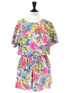 Multi-colored flower printed cotton elasticated waist dress Size 36/38