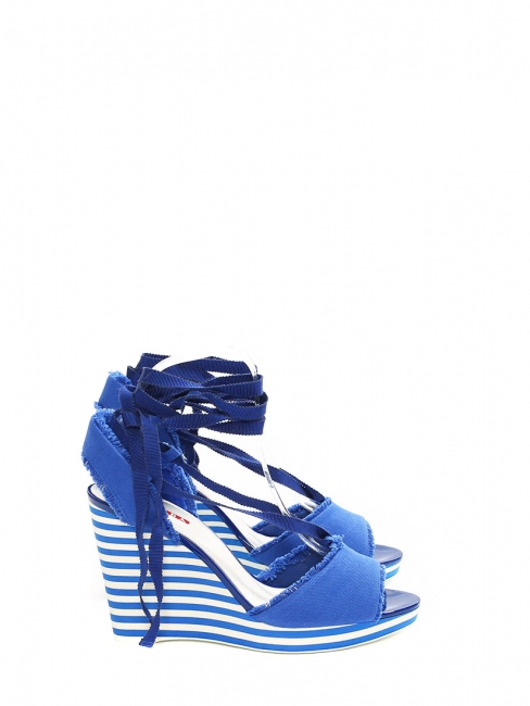 Sandales compensées en toile bleu cobalt et talon à rayures NEUVES Px boutique 500€ Taille 39