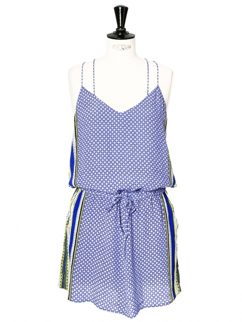 Blue, yellow and white ethnic print racer back dress Size 36/38